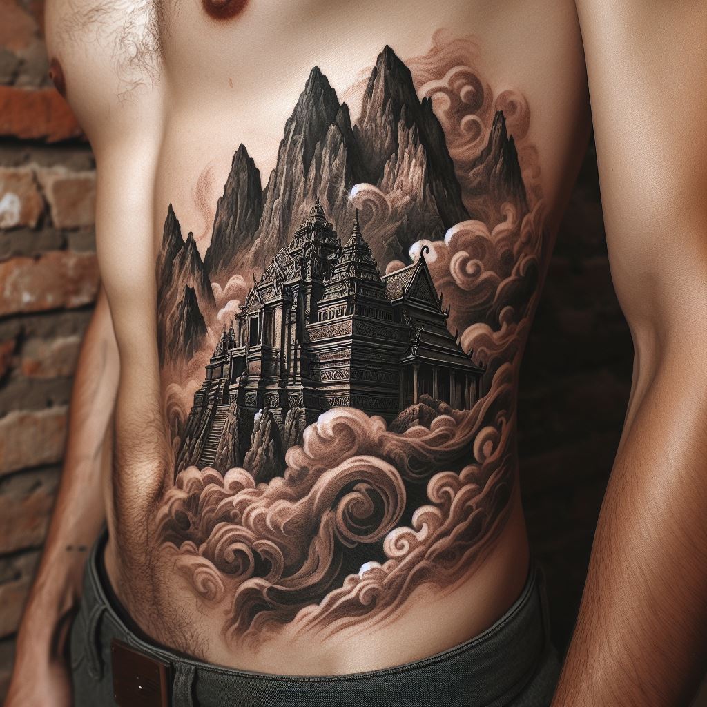 An ancient temple in the mountains tattoo on the side torso, depicting an elaborate scene of an ancient temple nestled among rugged mountain peaks, with clouds or mist swirling around the base. The design incorporates architectural details of the temple, blending history and nature in a detailed and mystical composition.