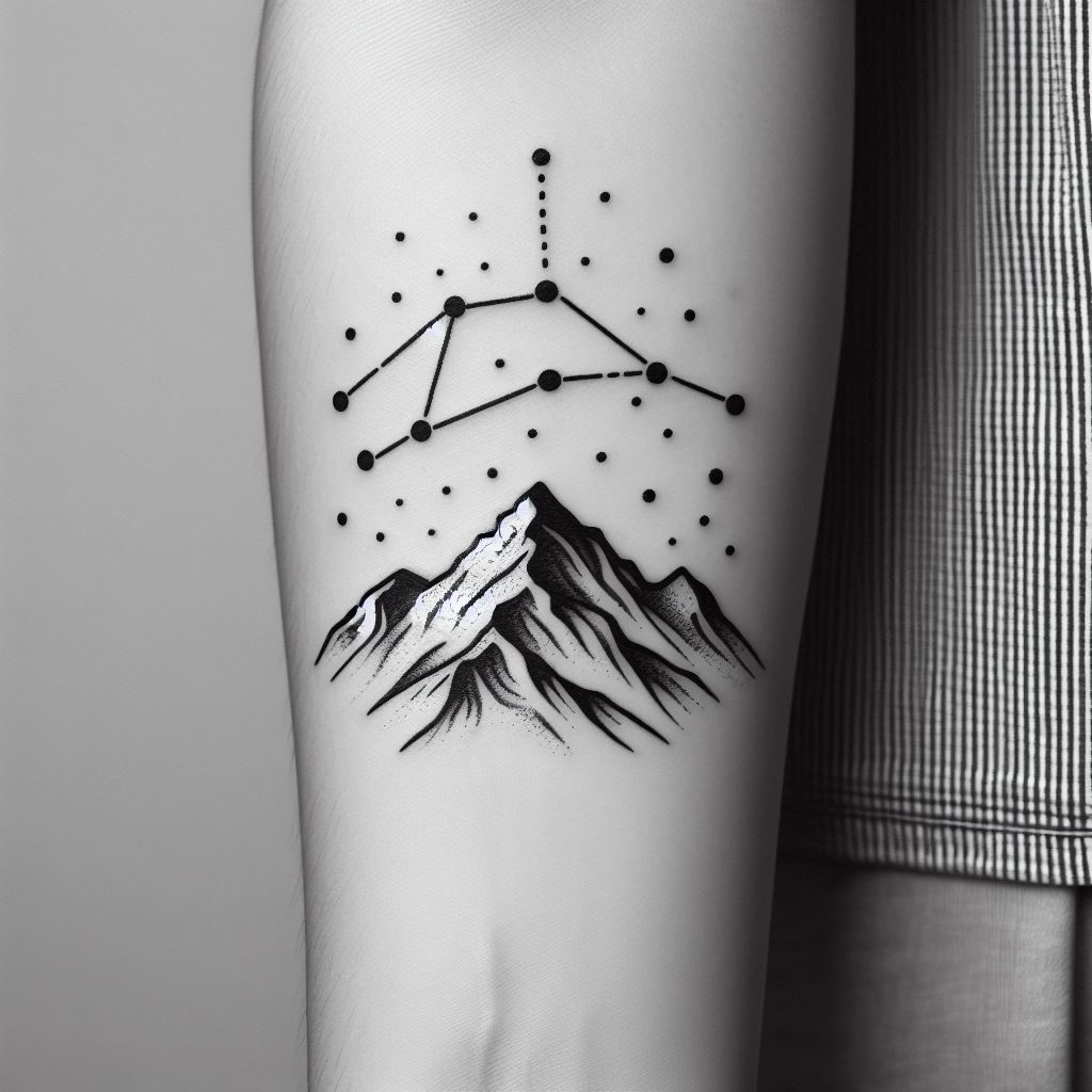 A mountain and star constellation tattoo on the inner forearm, combining a minimalist mountain outline with a specific star constellation above it. The tattoo subtly incorporates astronomy and nature, with fine lines for the mountain and dots for the stars, creating a personal and meaningful design.