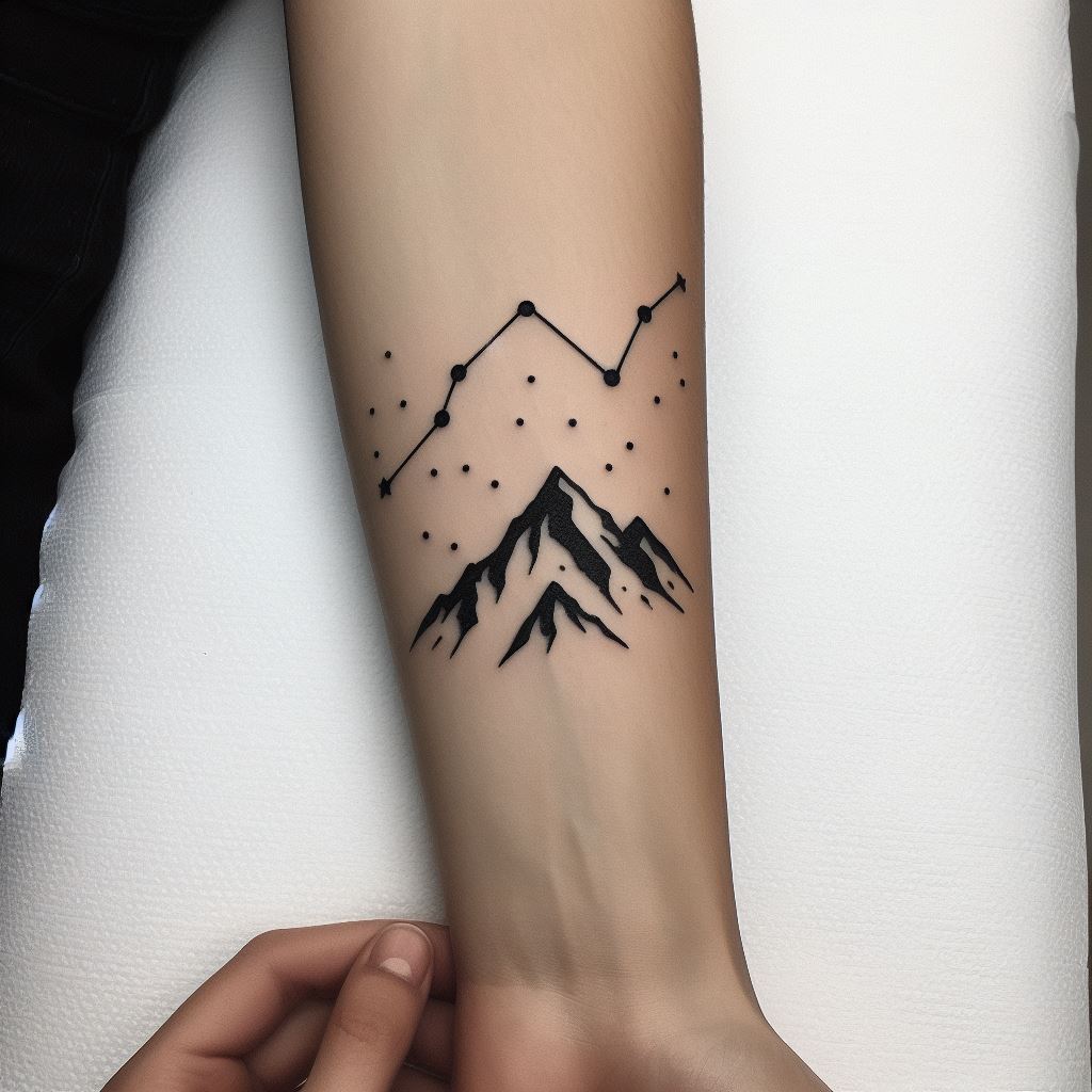 A mountain and star constellation tattoo on the inner forearm, combining a minimalist mountain outline with a specific star constellation above it. The tattoo subtly incorporates astronomy and nature, with fine lines for the mountain and dots for the stars, creating a personal and meaningful design.