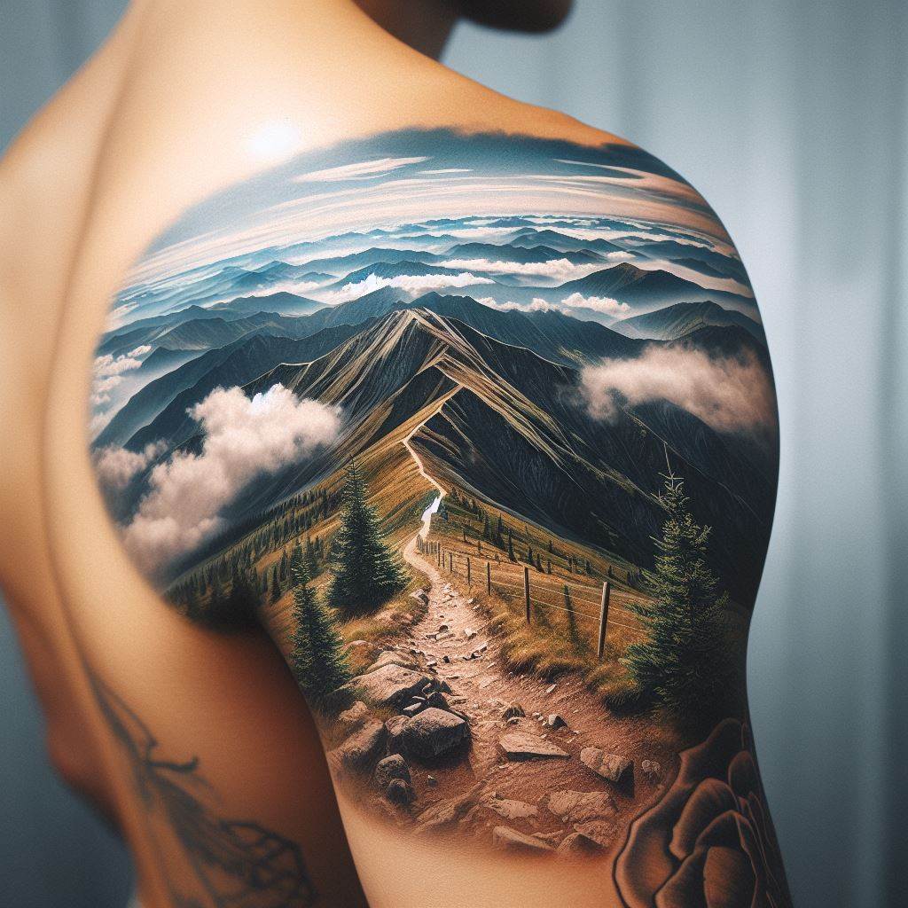 A mountain summit view tattoo on the shoulder blade, offering a perspective from the summit looking down upon the surrounding landscape. The tattoo captures the awe-inspiring view of rolling hills, valleys, and distant peaks, with clouds partially obscuring the vista, emphasizing the achievement and solitude of reaching a mountain's summit.
