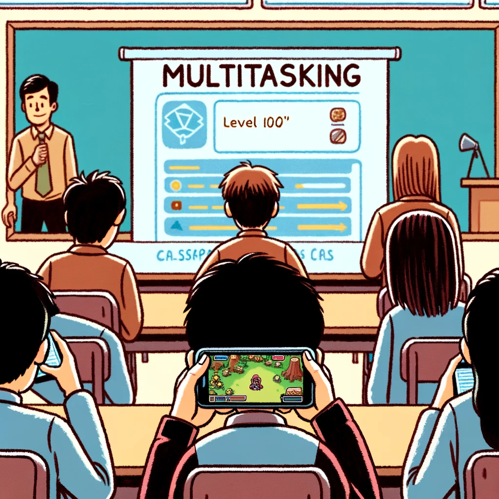 A student looking at their phone under the desk, with the screen showing a game instead of class notes. The caption reads, 'Multitasking: Level 100.' The teacher is walking around the classroom, unaware of the student's distraction. Other students are either focused on their work or sneakily glancing at the gaming student.