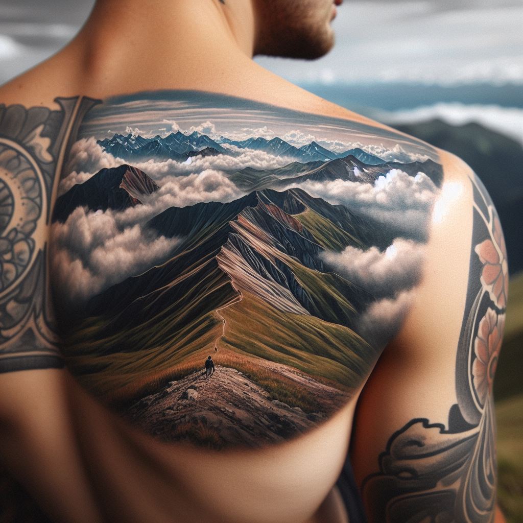 A mountain summit view tattoo on the shoulder blade, offering a perspective from the summit looking down upon the surrounding landscape. The tattoo captures the awe-inspiring view of rolling hills, valleys, and distant peaks, with clouds partially obscuring the vista, emphasizing the achievement and solitude of reaching a mountain's summit.