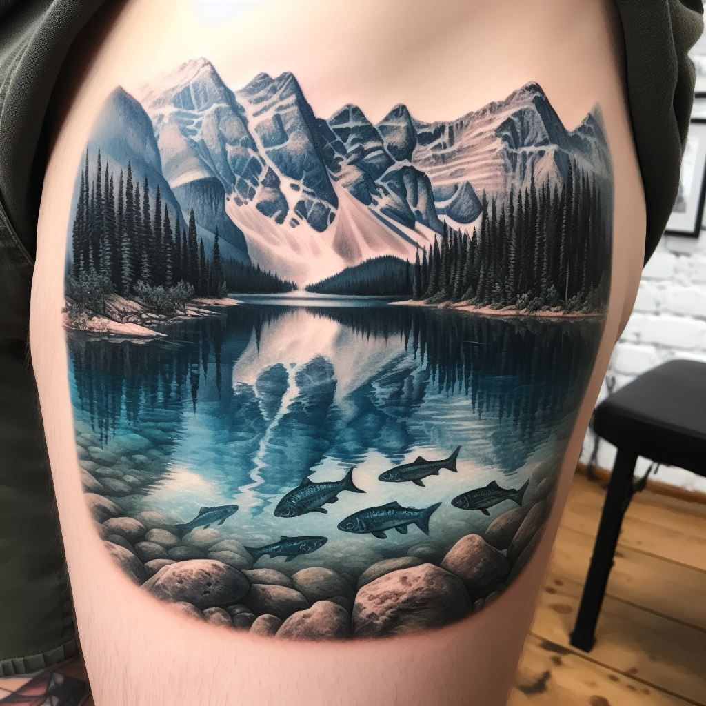 A serene mountain lake scene tattoo on the upper thigh, illustrating a tranquil mountain lake with crystal-clear water reflecting the surrounding peaks. This tattoo captures the calmness of an untouched natural paradise, with details of rocks and trees along the shore, and fish swimming beneath the water's surface.
