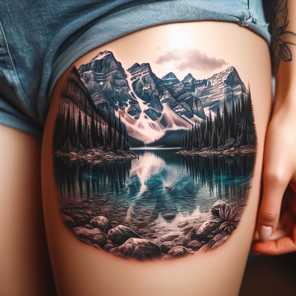 A serene mountain lake scene tattoo on the upper thigh, illustrating a tranquil mountain lake with crystal-clear water reflecting the surrounding peaks. This tattoo captures the calmness of an untouched natural paradise, with details of rocks and trees along the shore, and fish swimming beneath the water's surface.
