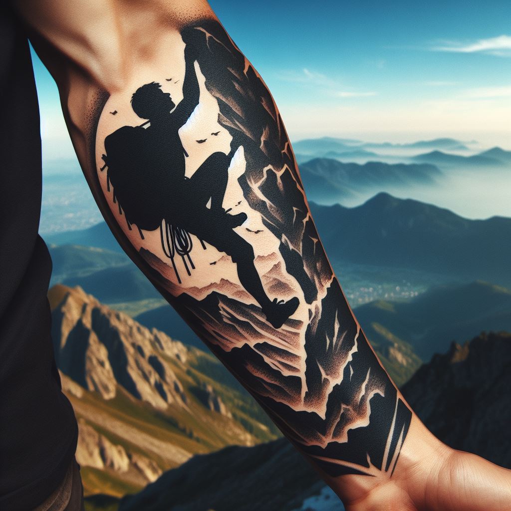 An adventurous rock climber silhouette against a mountain backdrop tattoo on the forearm, featuring a bold silhouette of a climber scaling a rugged mountain. The design is dynamic, capturing the essence of adventure and the climber's determination, with a breathtaking view of the landscape stretching out below.