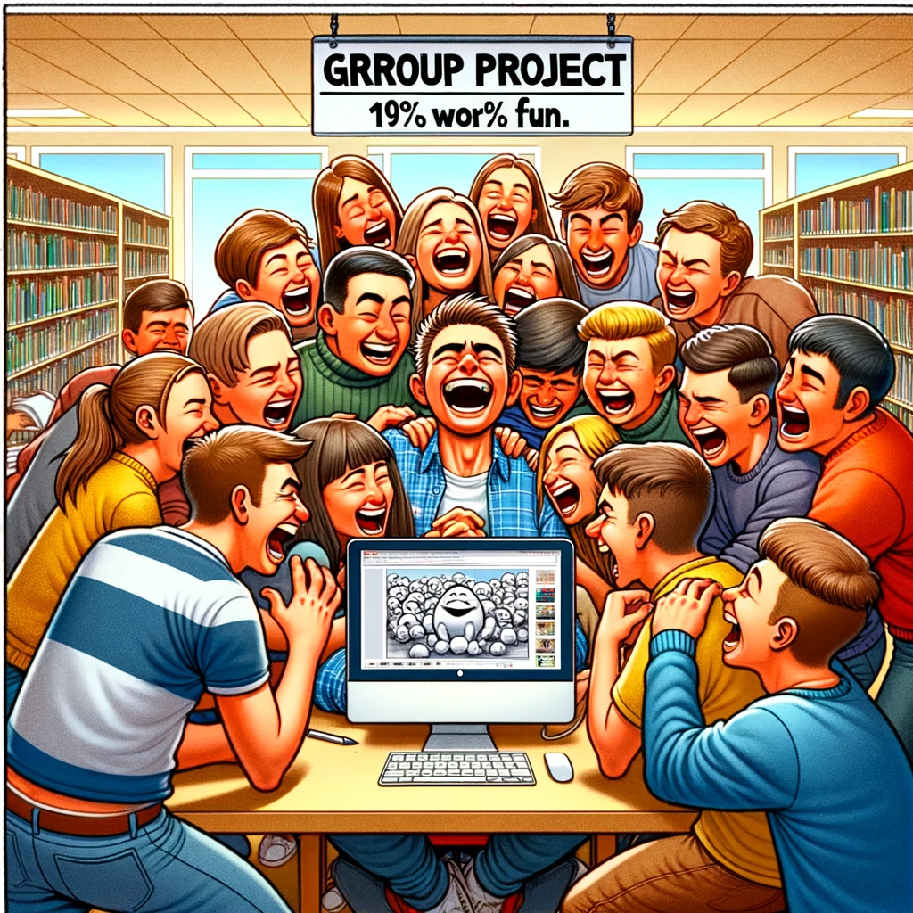 A group of students crowding around a single computer, watching a funny video instead of researching for a project. The caption says, 'Group project: 1% work, 99% fun.' The computer screen is barely visible among the crowd, but laughter and joy are evident. The library setting shows other groups more focused on their tasks.