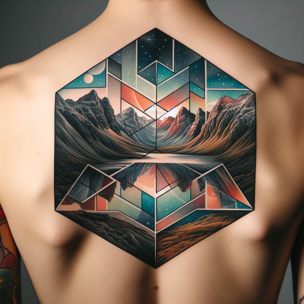 A mountain range vista through a geometric prism tattoo on the back, presenting a captivating view of mountains as seen through a geometric prism, distorting and refracting the scene into an array of shapes and colors. This tattoo combines natural beauty with abstract art, creating a unique and intriguing visual effect.