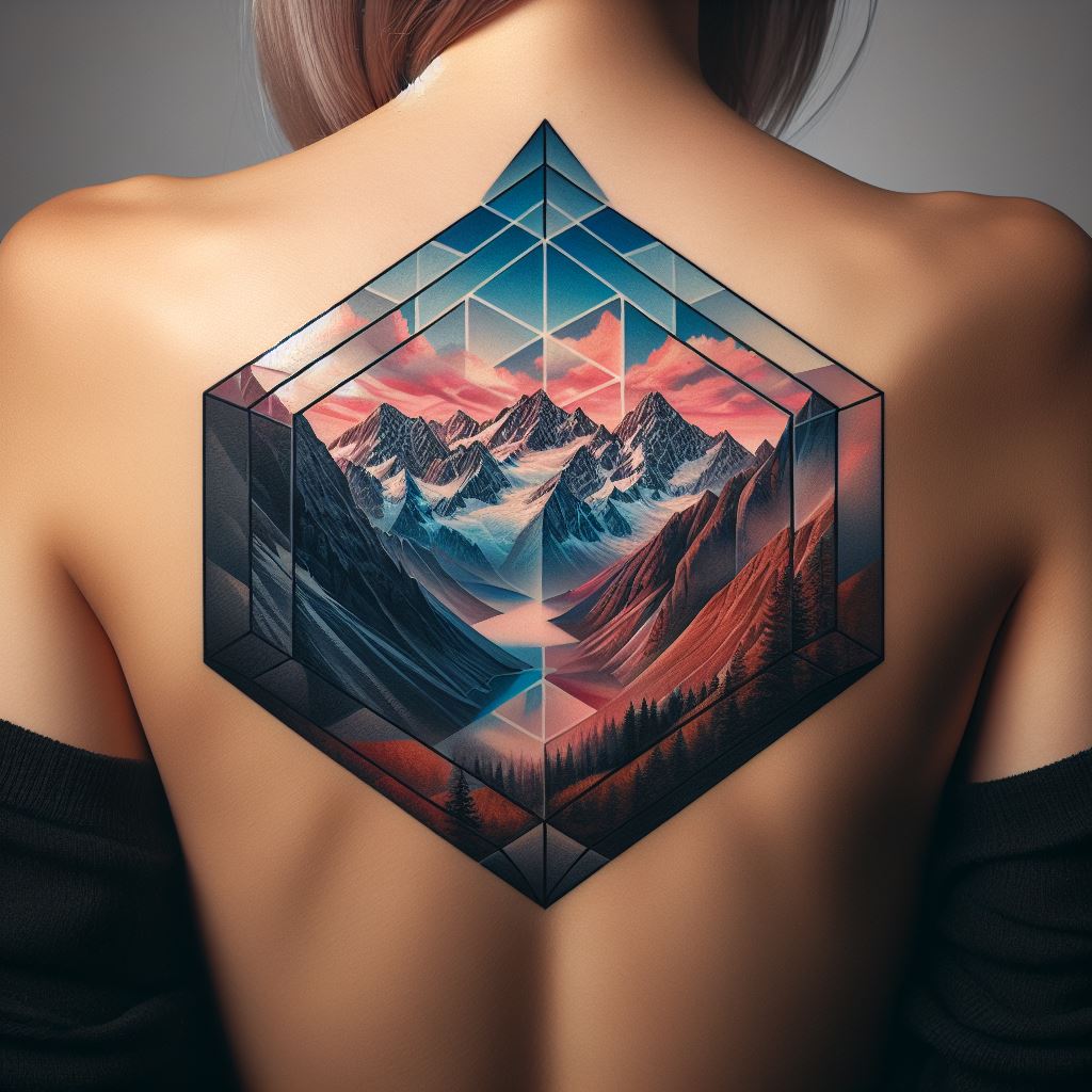 A mountain range vista through a geometric prism tattoo on the back, presenting a captivating view of mountains as seen through a geometric prism, distorting and refracting the scene into an array of shapes and colors. This tattoo combines natural beauty with abstract art, creating a unique and intriguing visual effect.