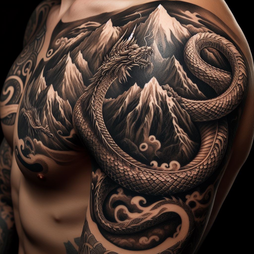 An ancient dragon winding around mountain peaks tattoo on the upper arm, blending mythology with nature by depicting a powerful dragon whose body twists and turns around towering mountains. The tattoo is rich in detail, from the scales of the dragon to the textures of the mountains, invoking a sense of awe and mystery.