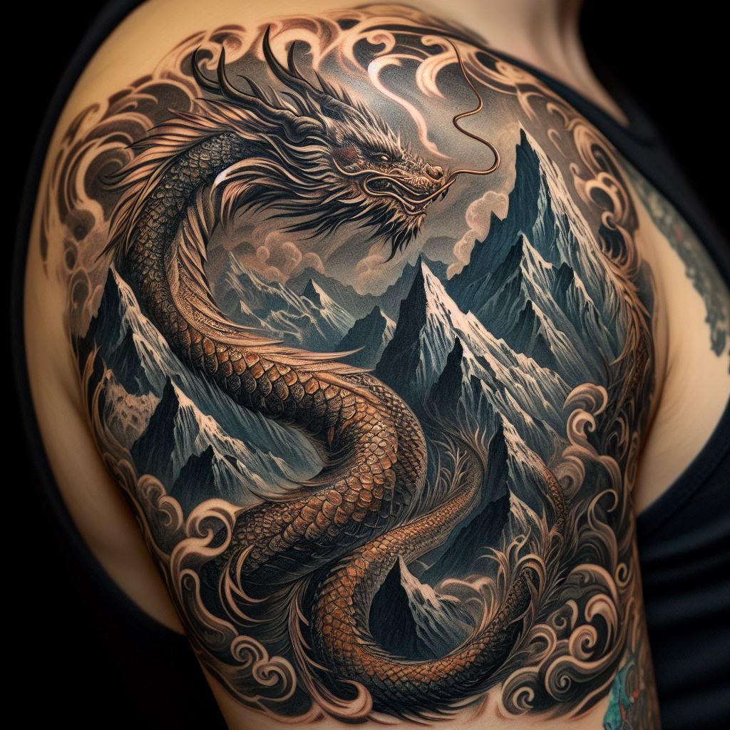 An ancient dragon winding around mountain peaks tattoo on the upper arm, blending mythology with nature by depicting a powerful dragon whose body twists and turns around towering mountains. The tattoo is rich in detail, from the scales of the dragon to the textures of the mountains, invoking a sense of awe and mystery.