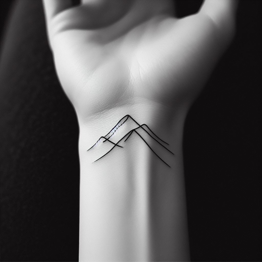 A minimalist single-line mountain range tattoo on the wrist, utilizing a continuous line to form a simple yet elegant mountain silhouette. This tattoo emphasizes simplicity and elegance, perfect for those who appreciate the beauty of mountains but prefer a subtle and understated design.