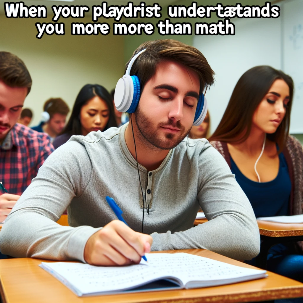A student wearing headphones, pretending to listen to a lecture, but actually listening to music. The caption reads, 'When your playlist understands you more than math does.' The classroom shows other students taking notes, while this student is subtly bobbing their head to the rhythm.
