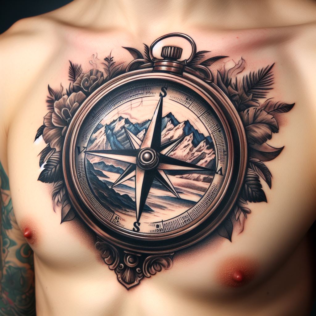 A vintage-style compass with a mountain landscape in the background tattoo on the chest, combining old-world charm with natural beauty. The compass is intricately detailed, with a classic mountain scene serving as the backdrop, symbolizing exploration and the journey through life's landscapes.
