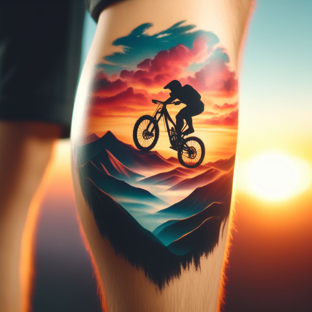 A mountain biker silhouette against a mountain sunset tattoo on the calf, capturing the exhilarating moment of mountain biking at sunset. The silhouette of the biker is set against a vividly colored sky, with mountain peaks in the distance, embodying the thrill and freedom of the sport.