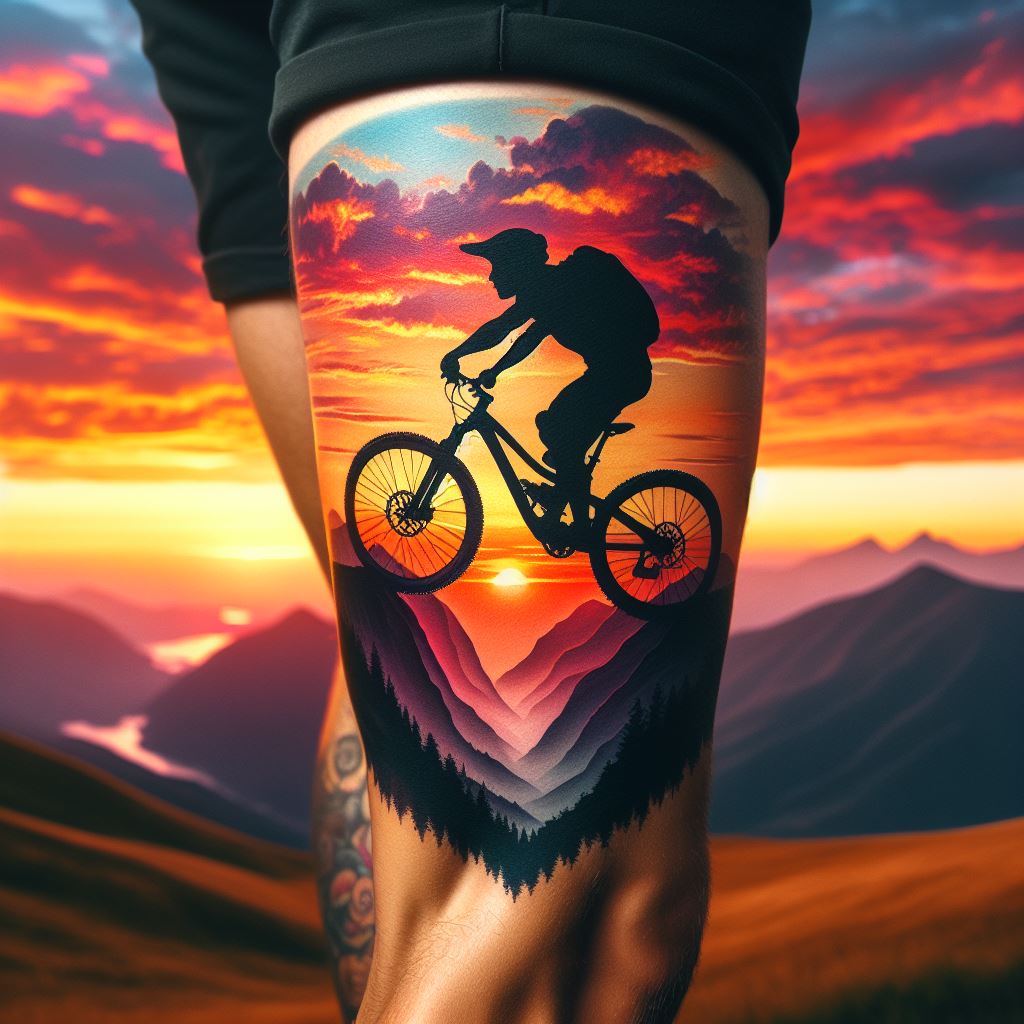 A mountain biker silhouette against a mountain sunset tattoo on the calf, capturing the exhilarating moment of mountain biking at sunset. The silhouette of the biker is set against a vividly colored sky, with mountain peaks in the distance, embodying the thrill and freedom of the sport.