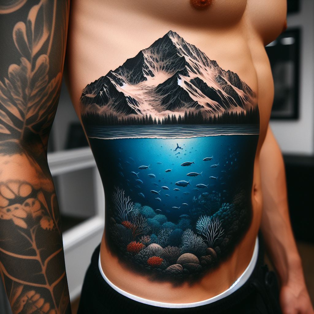 A mountain and deep sea contrast tattoo on the side of the torso, illustrating the dramatic contrast between the highest peaks and the deepest depths of the ocean. This tattoo showcases a mountain above the waterline and a marine scene below, highlighting the diversity of Earth's landscapes and ecosystems.