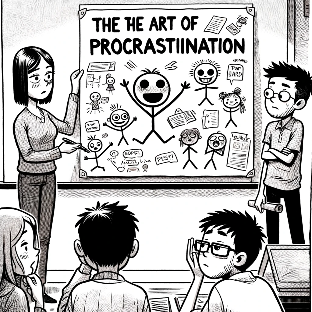 A student presenting a project with a poster that has obviously been made last minute, full of stick figures and uneven handwriting. The caption reads, 'The art of procrastination.' Other students are trying not to laugh, and the teacher is raising an eyebrow, slightly amused but also skeptical.