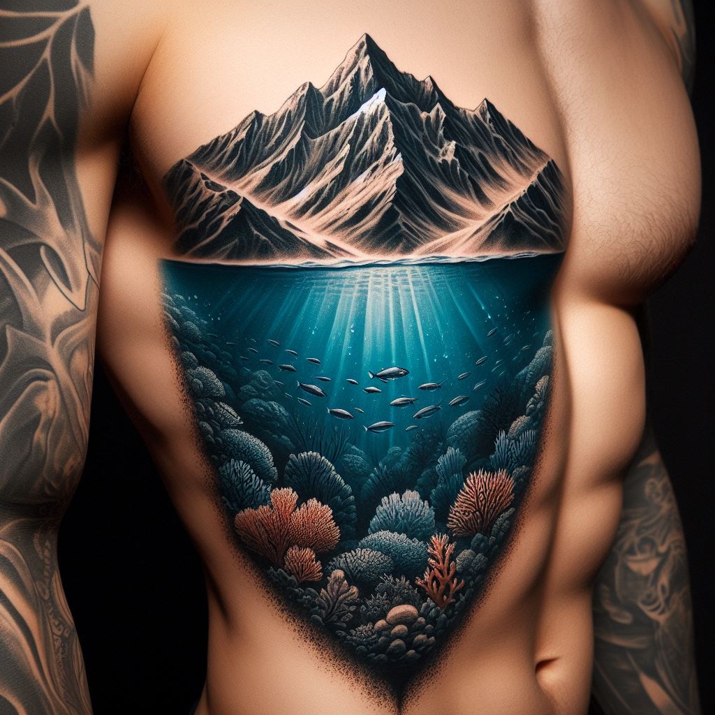 A mountain and deep sea contrast tattoo on the side of the torso, illustrating the dramatic contrast between the highest peaks and the deepest depths of the ocean. This tattoo showcases a mountain above the waterline and a marine scene below, highlighting the diversity of Earth's landscapes and ecosystems.