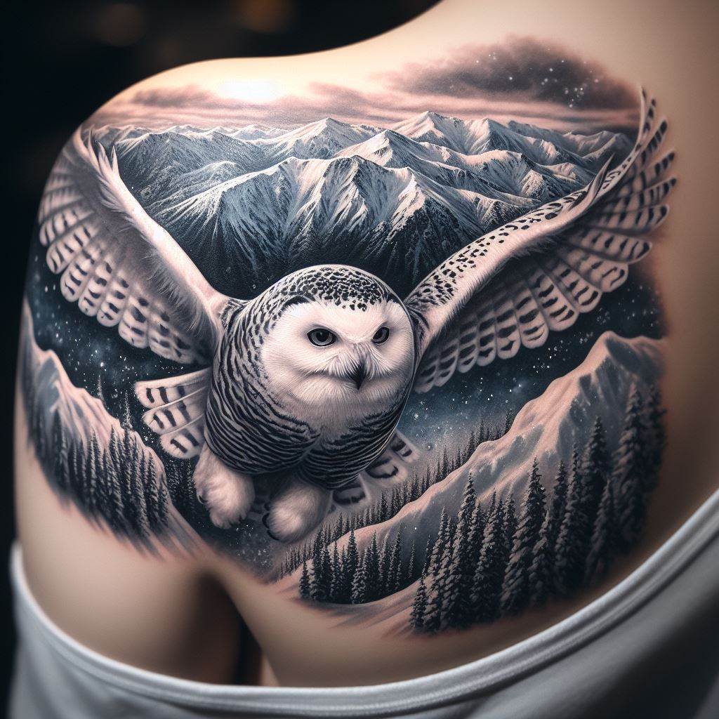 A snowy owl flying over a snowy mountain range tattoo on the shoulder, featuring a majestic snowy owl with wings spread wide, soaring over a beautifully detailed snowy mountain landscape. The tattoo captures the silent, ethereal beauty of the scene, with fine details on the owl's feathers and the snow-covered peaks.