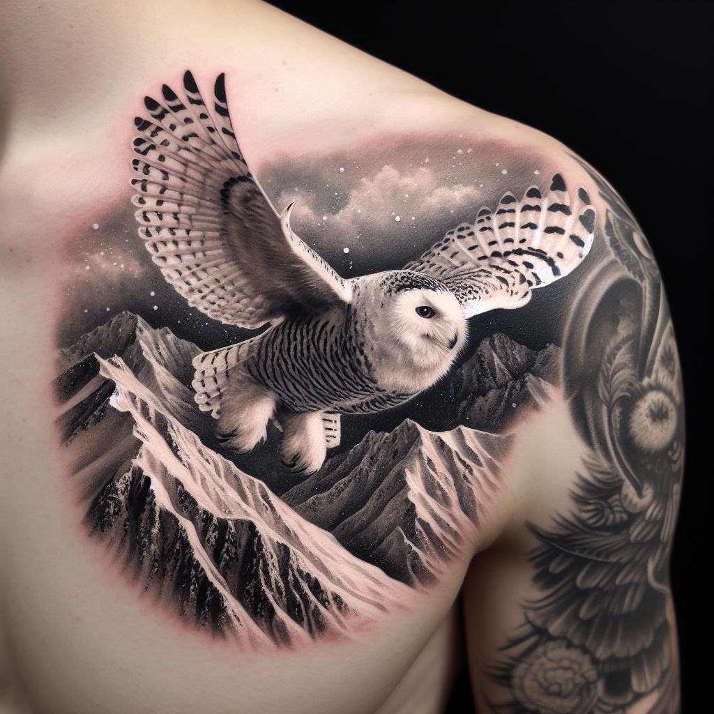A snowy owl flying over a snowy mountain range tattoo on the shoulder, featuring a majestic snowy owl with wings spread wide, soaring over a beautifully detailed snowy mountain landscape. The tattoo captures the silent, ethereal beauty of the scene, with fine details on the owl's feathers and the snow-covered peaks.