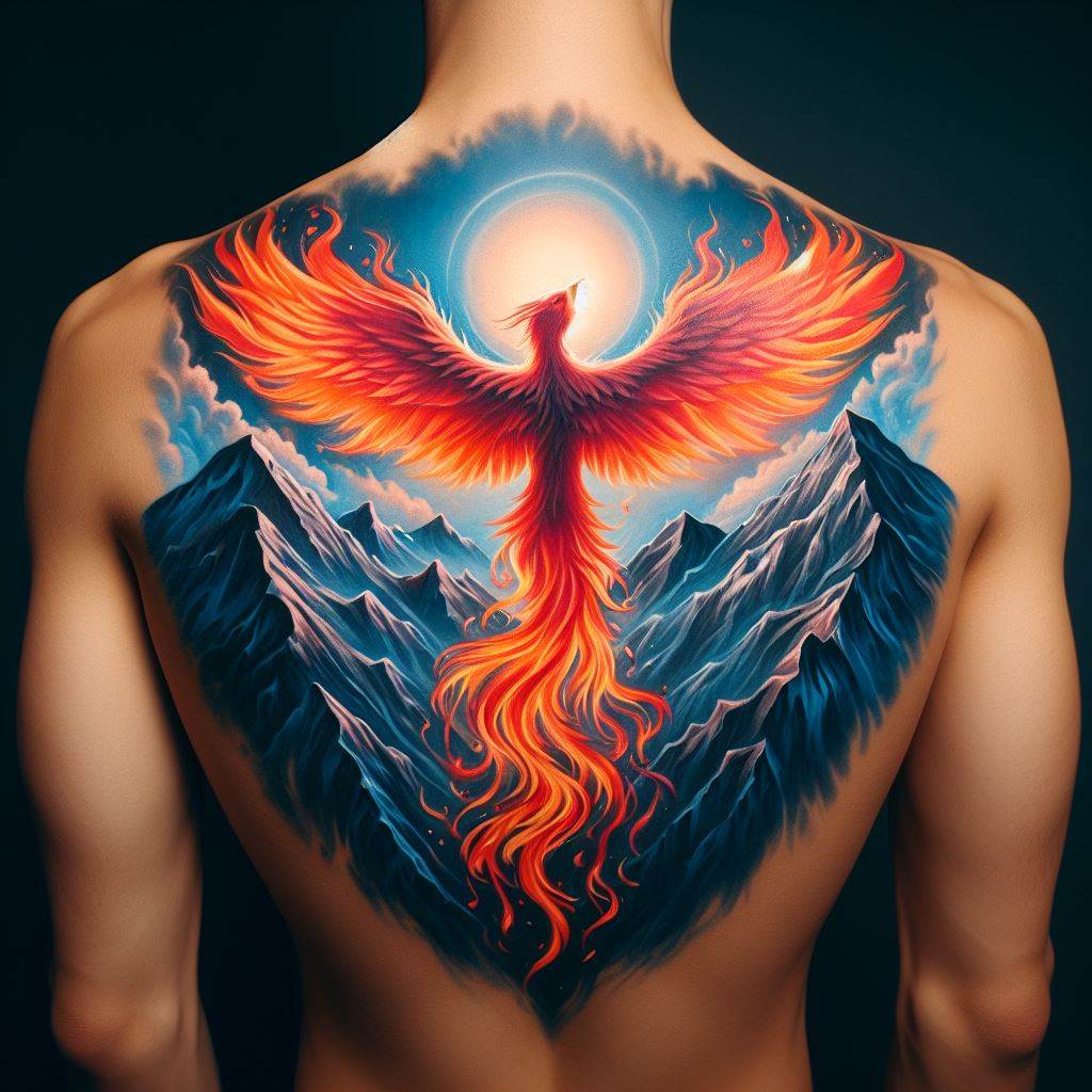 A fiery phoenix rising above mountain peaks tattoo on the back, symbolizing rebirth and transformation. The phoenix is depicted in vibrant colors, with flames trailing its body as it rises majestically above the mountains, offering a powerful image of overcoming challenges and emerging stronger.