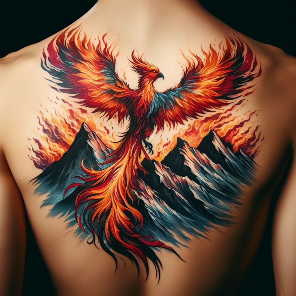 A fiery phoenix rising above mountain peaks tattoo on the back, symbolizing rebirth and transformation. The phoenix is depicted in vibrant colors, with flames trailing its body as it rises majestically above the mountains, offering a powerful image of overcoming challenges and emerging stronger.