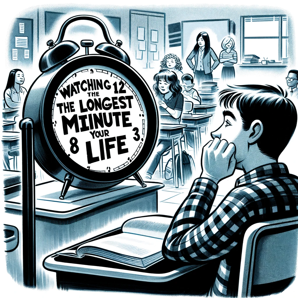 A student looking at a clock, counting down the minutes until the end of class, with a dramatic expression of anticipation. The caption reads, 'Watching the longest minute of your life.' The classroom shows other students packed up and ready to leave, with the teacher still talking in the background.
