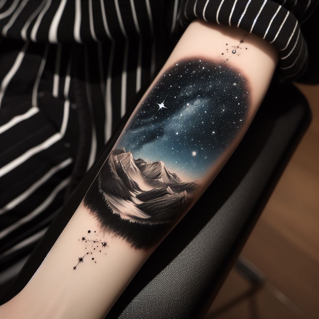 A starry night sky over a serene mountain valley tattoo on the inner forearm, capturing the breathtaking beauty of a clear night sky filled with stars and constellations, with the silhouette of a peaceful mountain valley below. This tattoo merges the wonder of the cosmos with the tranquility of nature, using fine details to depict the twinkling stars and the gentle slopes of the mountains.