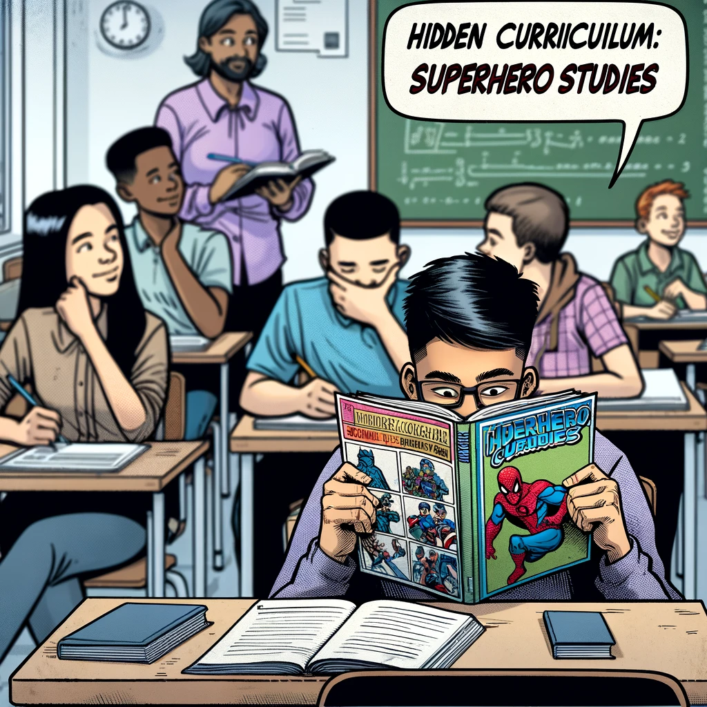 A student secretly reading a comic book inside their textbook during class. The caption reads, 'Hidden curriculum: Superhero studies.' The teacher is focused on explaining the lesson, unaware of the student's diversion. Other students are taking notes, while this student is engrossed in their comic.