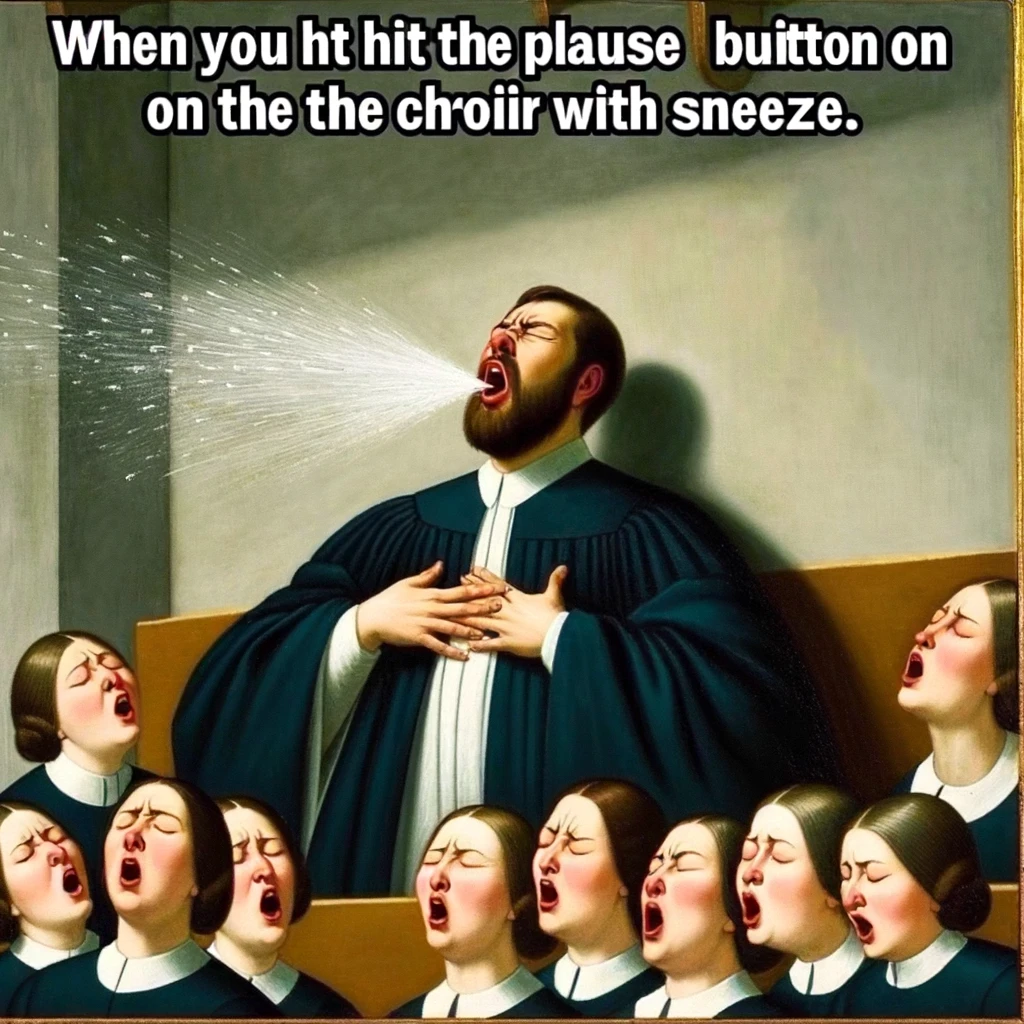 An image of a choir member sneezing loudly in the middle of a quiet, solemn piece, causing everyone to pause. The caption reads, "When you hit the pause button on the choir with a sneeze."