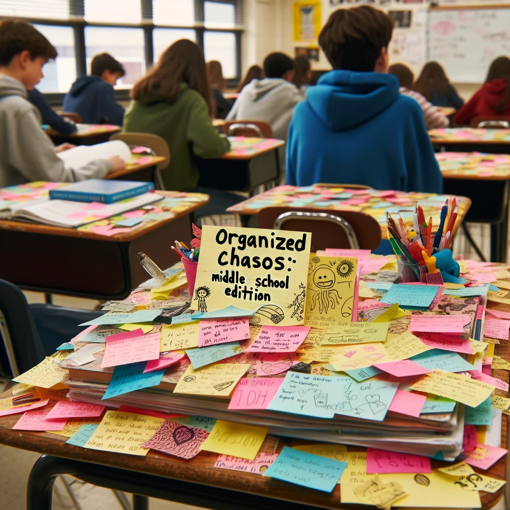 A student's desk covered in sticky notes with reminders and doodles, under the caption, 'Organized chaos: Middle school edition.' The classroom is busy with students working on various tasks, and this desk stands out as a colorful mess of productivity and creativity.
