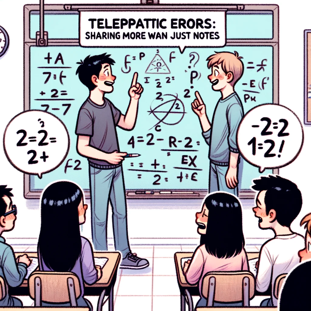 Two students exchanging glances after making the same mistake on the board, with a caption that says, 'Telepathic errors: Sharing more than just notes.' The math teacher is pointing out the error, slightly amused. The rest of the class is either confused or laughing at the coincidence.