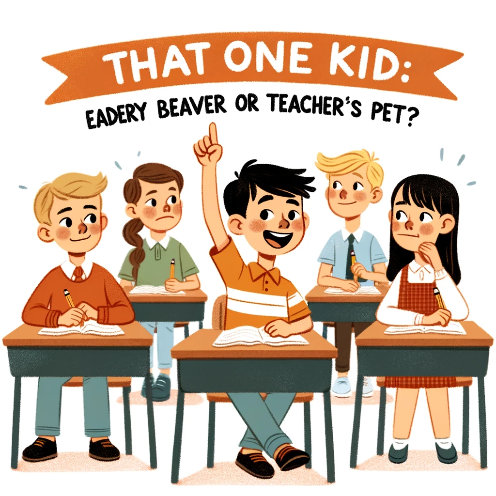 A student enthusiastically raising their hand to answer every question, with a caption, 'That one kid: Eager beaver or teacher's pet?' Other students are rolling their eyes or looking bored, while the teacher looks appreciative of the enthusiasm.