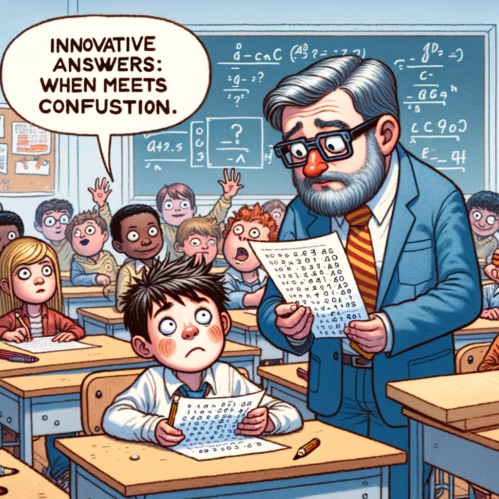 A student trying to explain their bizarre answer on a test, with the teacher looking puzzled. The caption reads, 'Innovative answers: When creativity meets confusion.' The classroom is filled with curious classmates, some trying to peek at the test paper to see the answer.