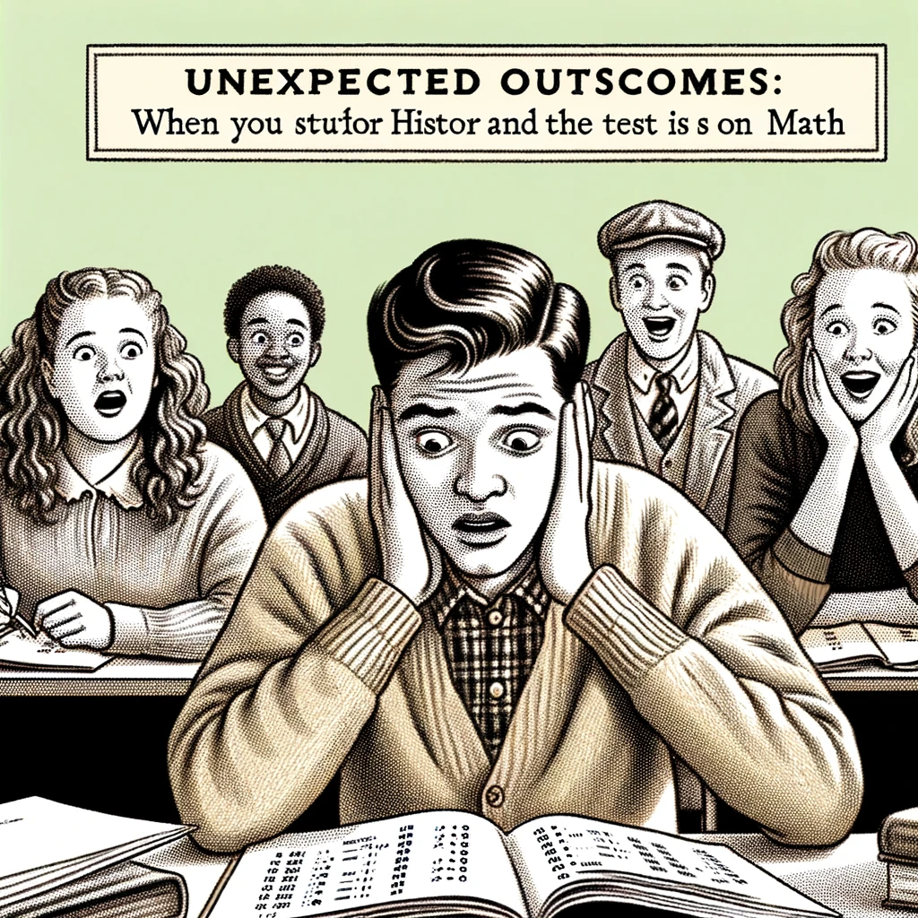 A student looking shocked at their test score, with their friends peeking over in disbelief. The caption says, 'Unexpected outcomes: When you study for history and the test is on math.' The classroom is filled with mixed reactions, some students are sympathetic, while others are amused.
