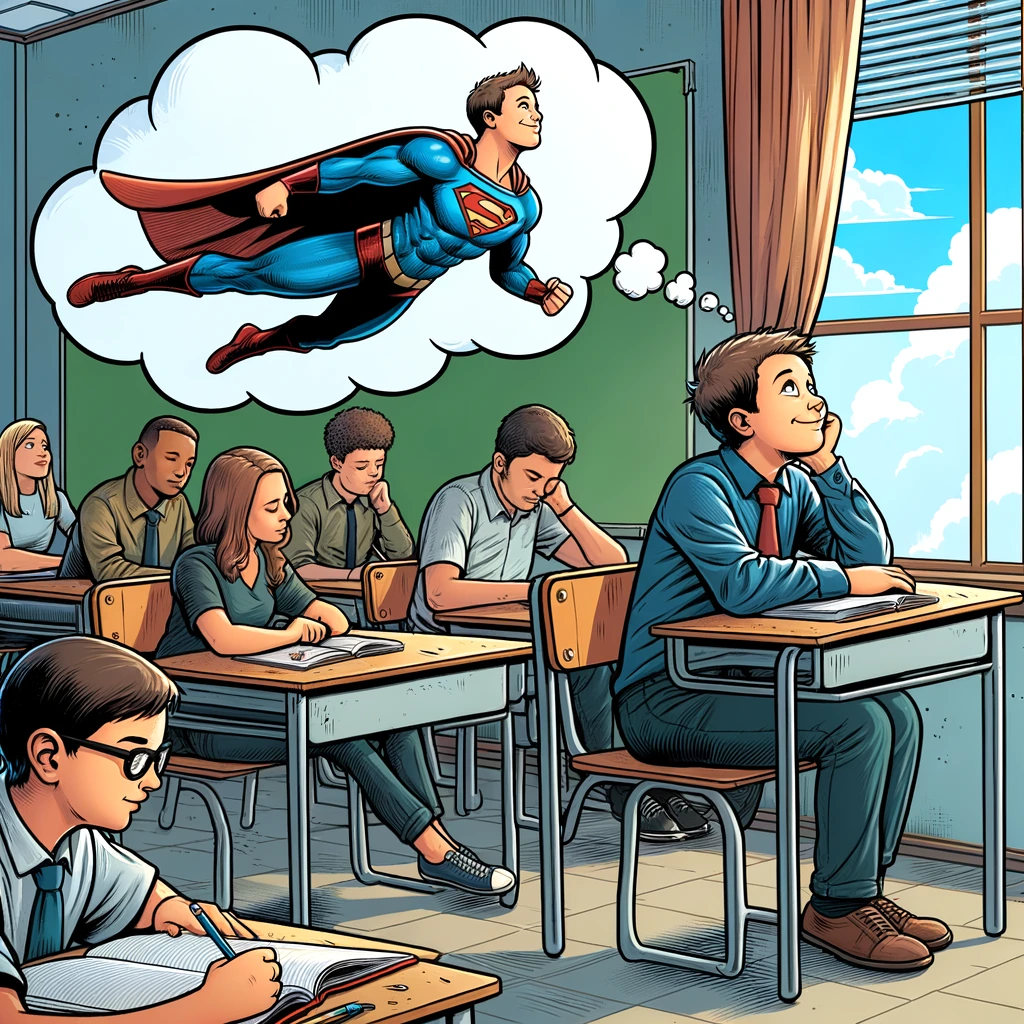 A student daydreaming out the window during class, imagining themselves as a superhero flying through the sky. The caption reads, 'Escape plans: When class feels like an eternity.' The teacher and classmates are focused on the lesson, oblivious to the student's imaginative escape.