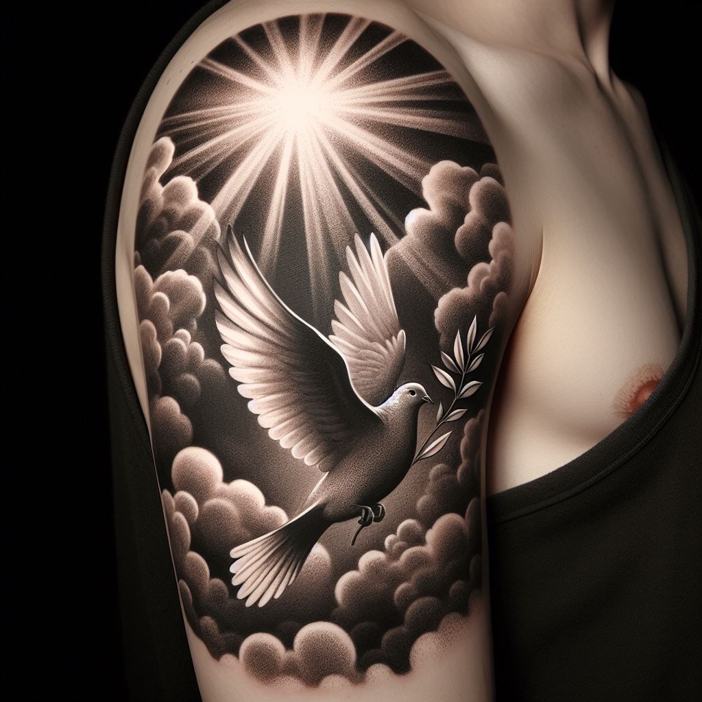A detailed black and grey tattoo of a dove carrying an olive branch, with subtle shading for depth, located on the upper arm. The background features soft clouds and rays of light piercing through, symbolizing peace and the journey to the afterlife.