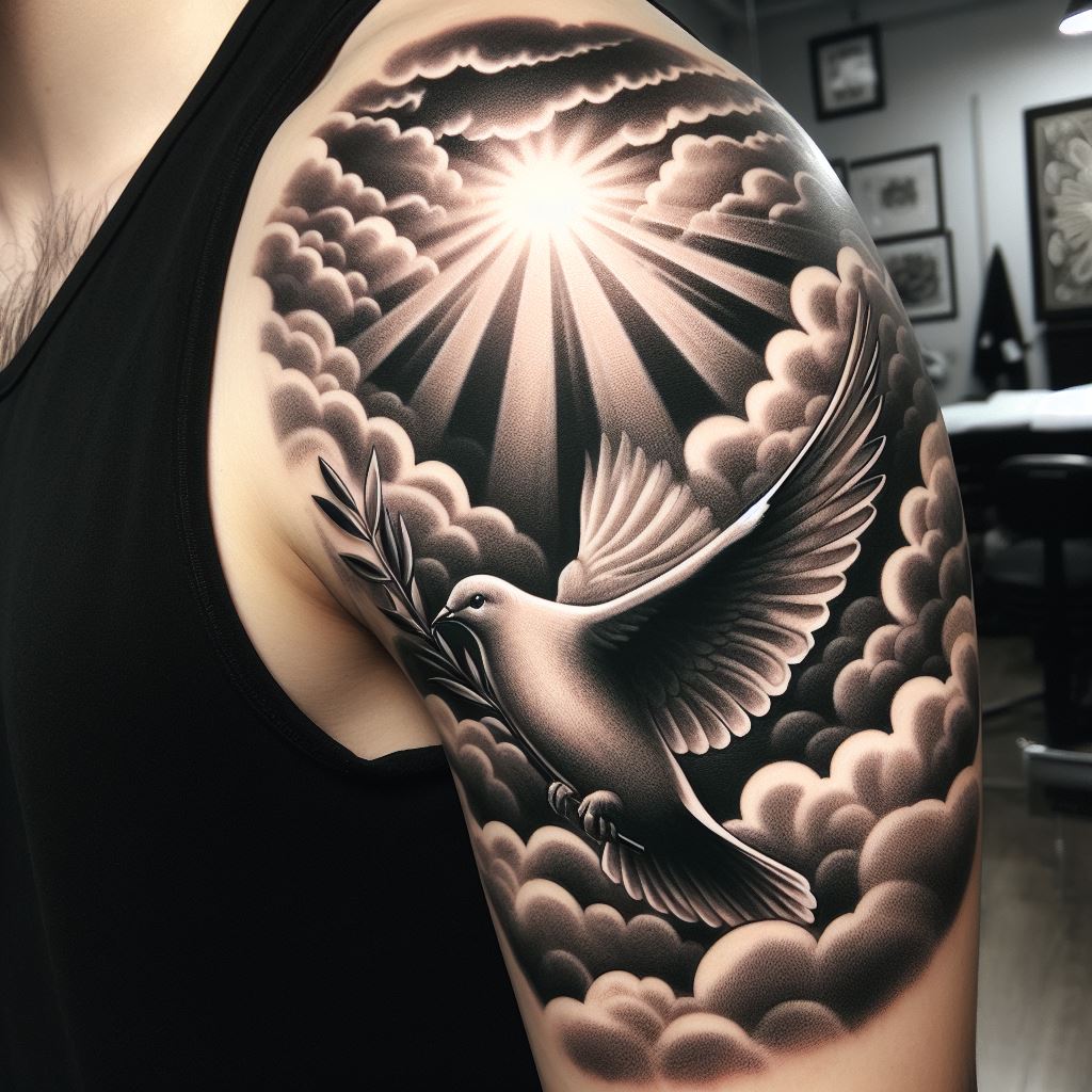 A detailed black and grey tattoo of a dove carrying an olive branch, with subtle shading for depth, located on the upper arm. The background features soft clouds and rays of light piercing through, symbolizing peace and the journey to the afterlife.