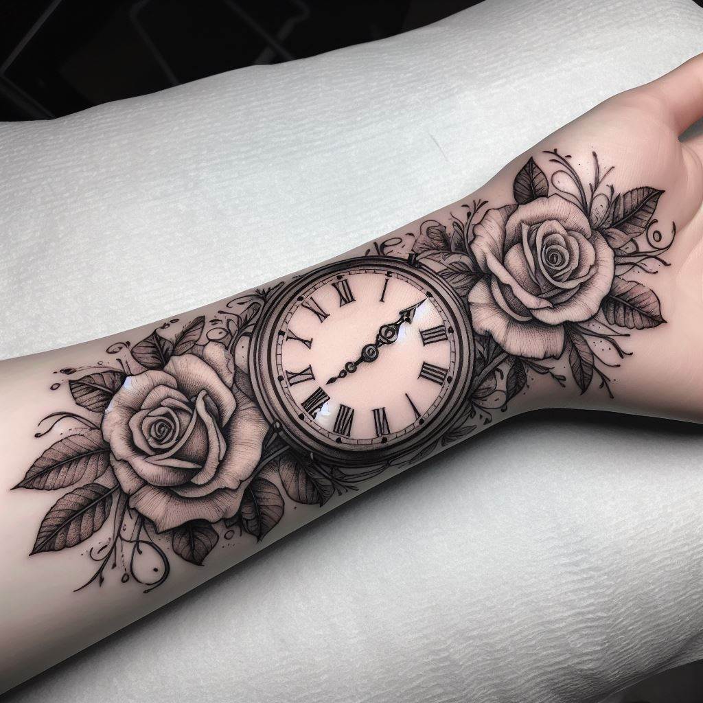 An intricate tattoo of a clock with its hands frozen at the time of passing, wrapped in delicate rose vines, inked on the inner wrist. This piece uses fine lines and shading to create a sense of timeless memory and eternal love.