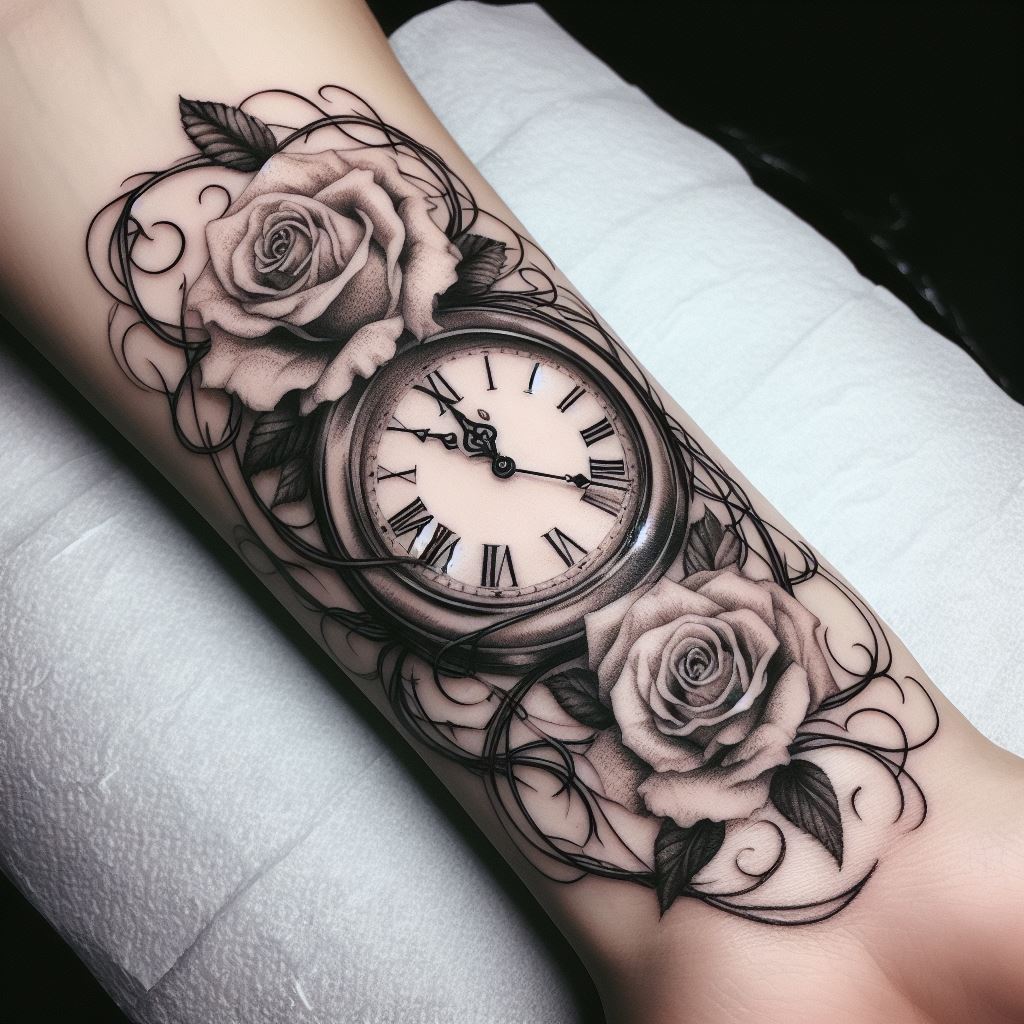 An intricate tattoo of a clock with its hands frozen at the time of passing, wrapped in delicate rose vines, inked on the inner wrist. This piece uses fine lines and shading to create a sense of timeless memory and eternal love.