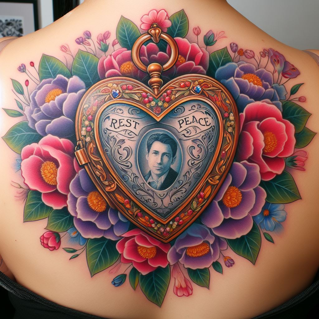 A large, vibrant tattoo of a heart-shaped locket with the words 'Rest in Peace' engraved, surrounded by blooming flowers, situated on the back. The locket is slightly open, revealing a portrait inside, with each flower representing a cherished memory of the departed.