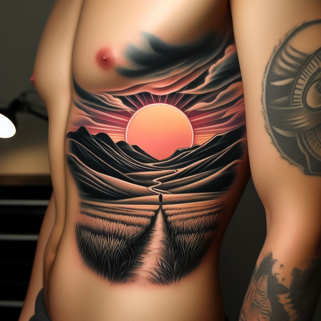 An elaborate tattoo featuring a serene landscape with a setting sun behind rolling hills, located on the side of the torso. This piece includes a single path leading into the horizon, symbolizing the soul's journey to peace, with detailed shading and color gradients for realism.