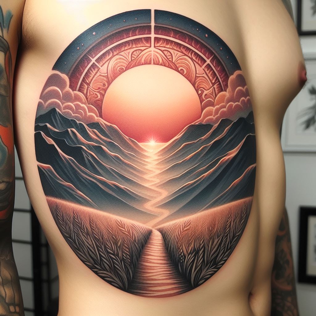 An elaborate tattoo featuring a serene landscape with a setting sun behind rolling hills, located on the side of the torso. This piece includes a single path leading into the horizon, symbolizing the soul's journey to peace, with detailed shading and color gradients for realism.