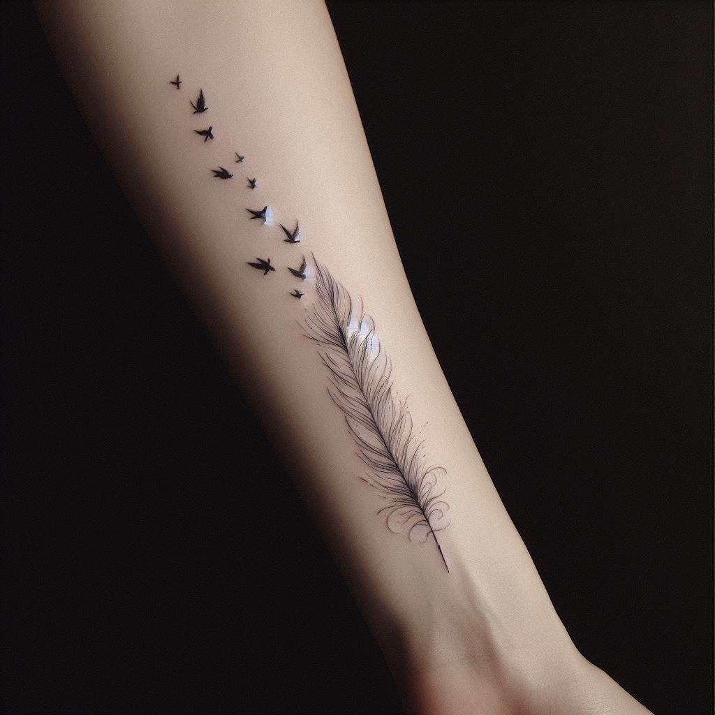 A minimalist tattoo of a single feather falling gracefully, placed along the side of the forearm. The feather transitions into a series of small birds flying away, symbolizing freedom and the soul's ascent to heaven, executed with precise line work.