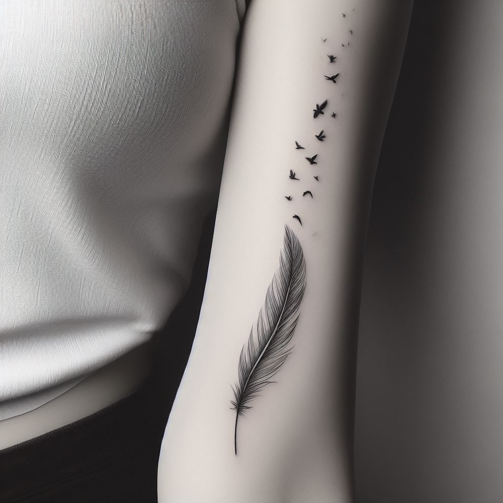 A minimalist tattoo of a single feather falling gracefully, placed along the side of the forearm. The feather transitions into a series of small birds flying away, symbolizing freedom and the soul's ascent to heaven, executed with precise line work.