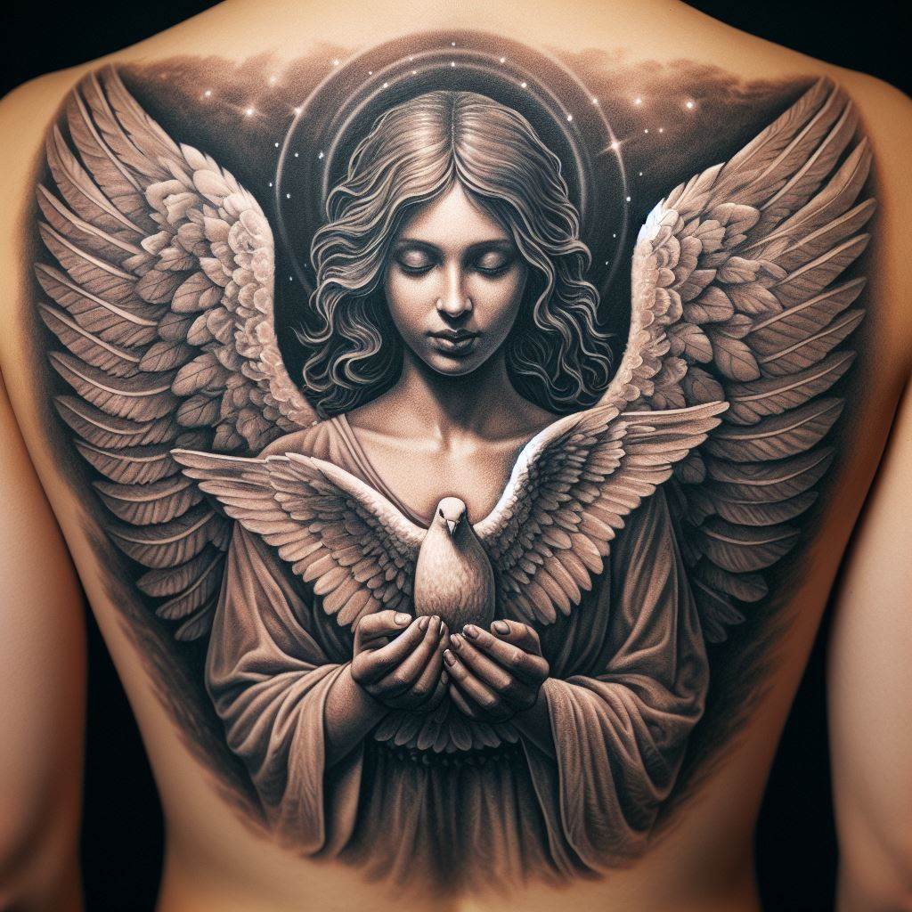 A powerful tattoo of an angel with widespread wings, holding a peaceful dove in her hands, positioned across the full back. The angel's expression is one of comfort and solace, with the tattoo featuring detailed feathers and soft shading to convey a sense of protection and guidance.