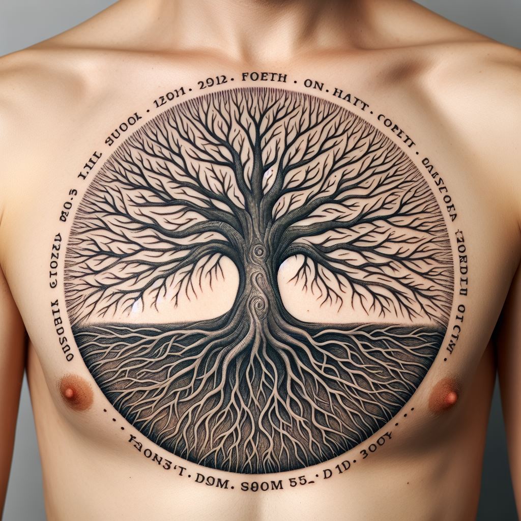 An artistic tattoo of a tree with roots and branches forming a circle of life, with names and dates intertwined in the bark, inked on the chest. This design symbolizes growth, life's cycles, and the interconnectedness of all things, crafted with fine lines and detailed shading.