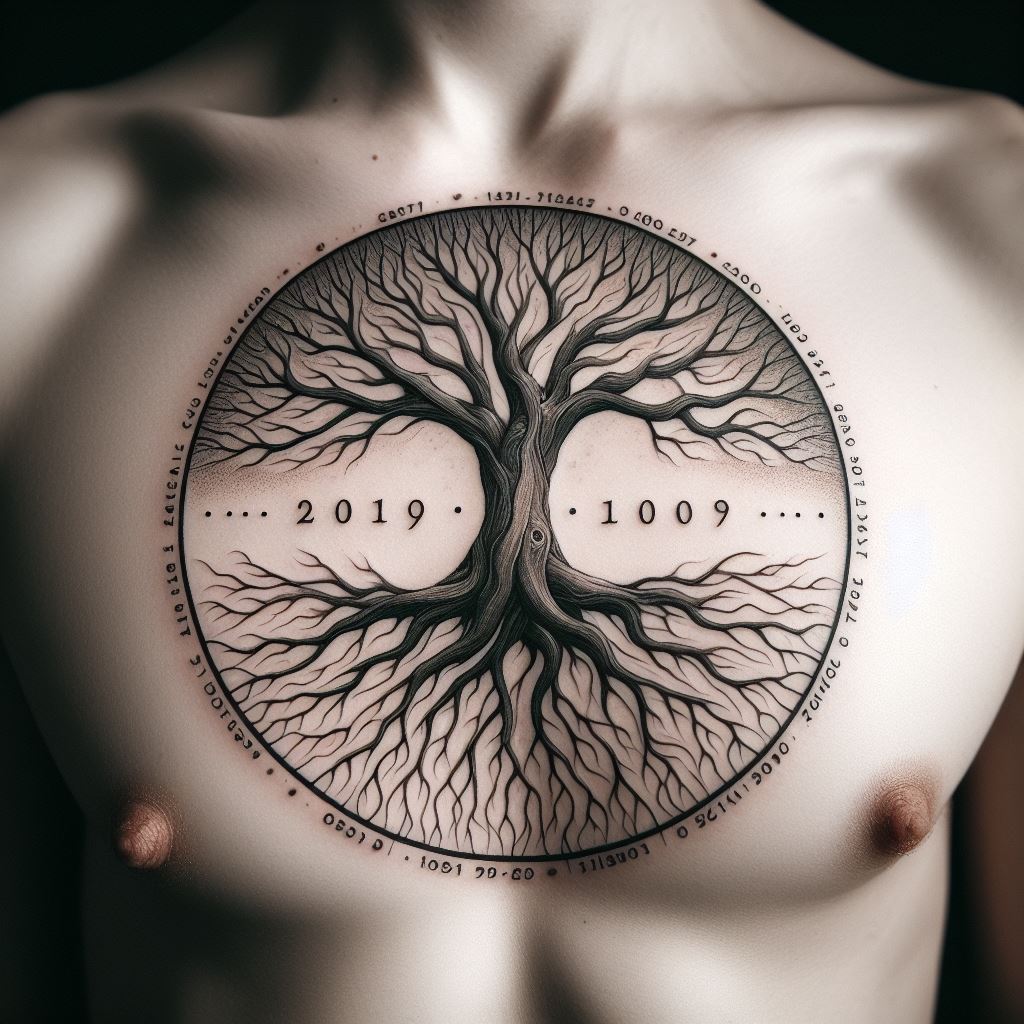 An artistic tattoo of a tree with roots and branches forming a circle of life, with names and dates intertwined in the bark, inked on the chest. This design symbolizes growth, life's cycles, and the interconnectedness of all things, crafted with fine lines and detailed shading.