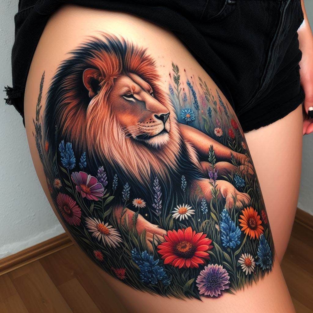 A bold tattoo of a lion resting peacefully in a field of wildflowers, located on the thigh. The lion's mane flows seamlessly into the surrounding flora, representing strength in tranquility and the natural cycle of life, with vibrant colors and dynamic shading for depth.