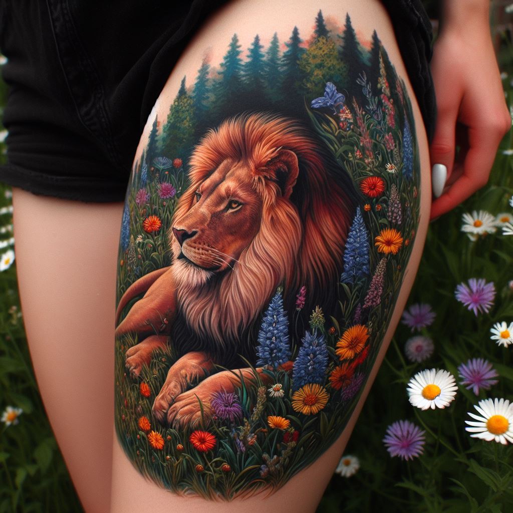 A bold tattoo of a lion resting peacefully in a field of wildflowers, located on the thigh. The lion's mane flows seamlessly into the surrounding flora, representing strength in tranquility and the natural cycle of life, with vibrant colors and dynamic shading for depth.